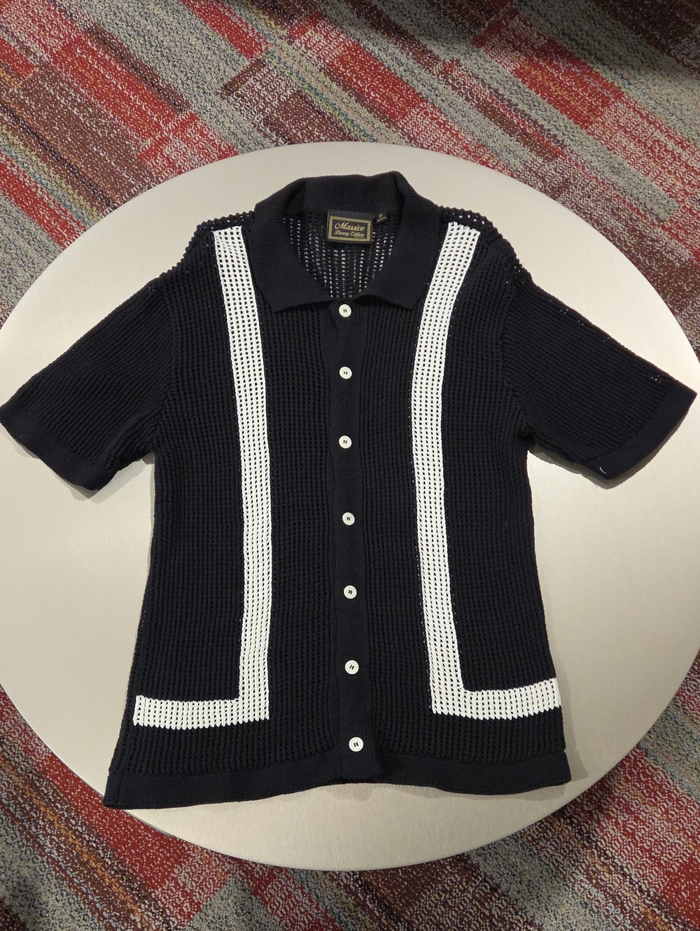Men's Black Short-Sleeve Knit Cardigan with White Trim